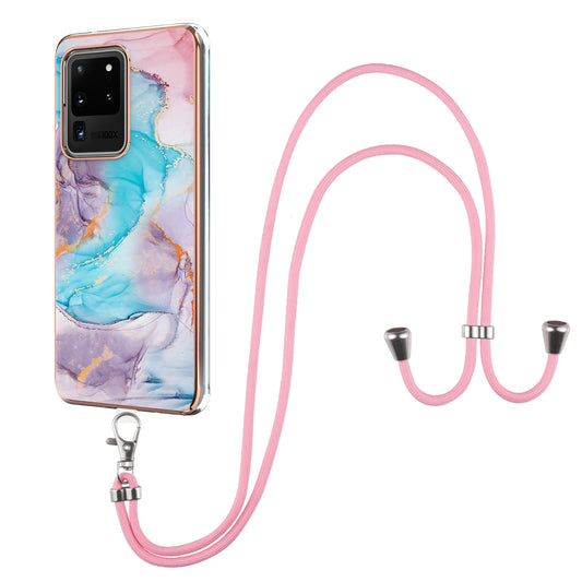 IMD IML TPU Phone Shell with Marble Flower Pattern Electroplating Soft Case + Shoulder Strap for Samsung Galaxy S20 Ultra - The Milky Way/Marble/Blue
