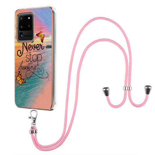 IMD IML TPU Phone Shell with Marble Flower Pattern Electroplating Soft Case + Shoulder Strap for Samsung Galaxy S20 Ultra - Dreaming Butterflies