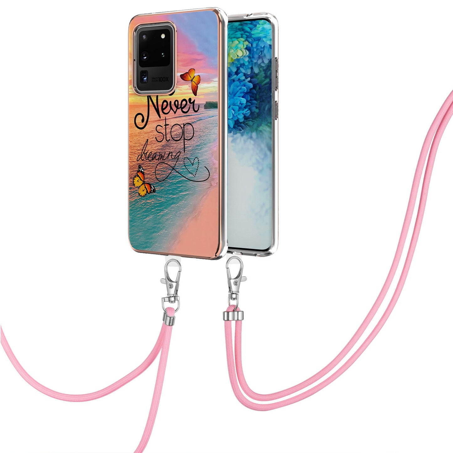 IMD IML TPU Phone Shell with Marble Flower Pattern Electroplating Soft Case + Shoulder Strap for Samsung Galaxy S20 Ultra - Dreaming Butterflies