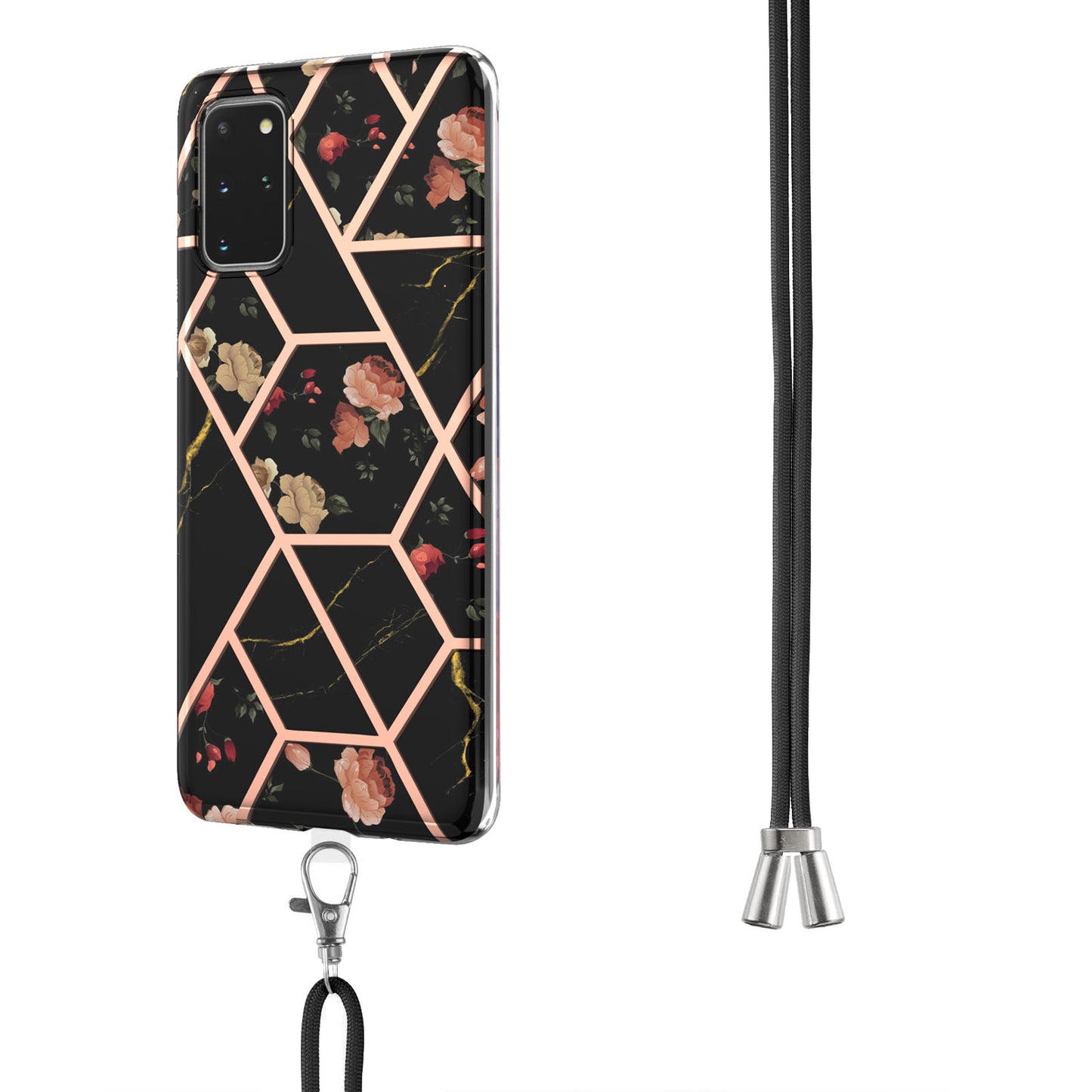 IMD IML TPU Phone Shell Drop-Proof Flexible Electroplating Case with Marble Flower Pattern + Shoulder Strap for Samsung Galaxy S20 Plus 4G/5G - Black/Flowers