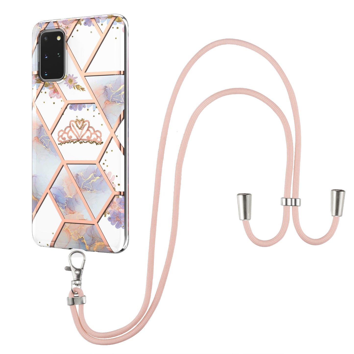 IMD IML TPU Phone Shell Drop-Proof Flexible Electroplating Case with Marble Flower Pattern + Shoulder Strap for Samsung Galaxy S20 Plus 4G/5G - Crown