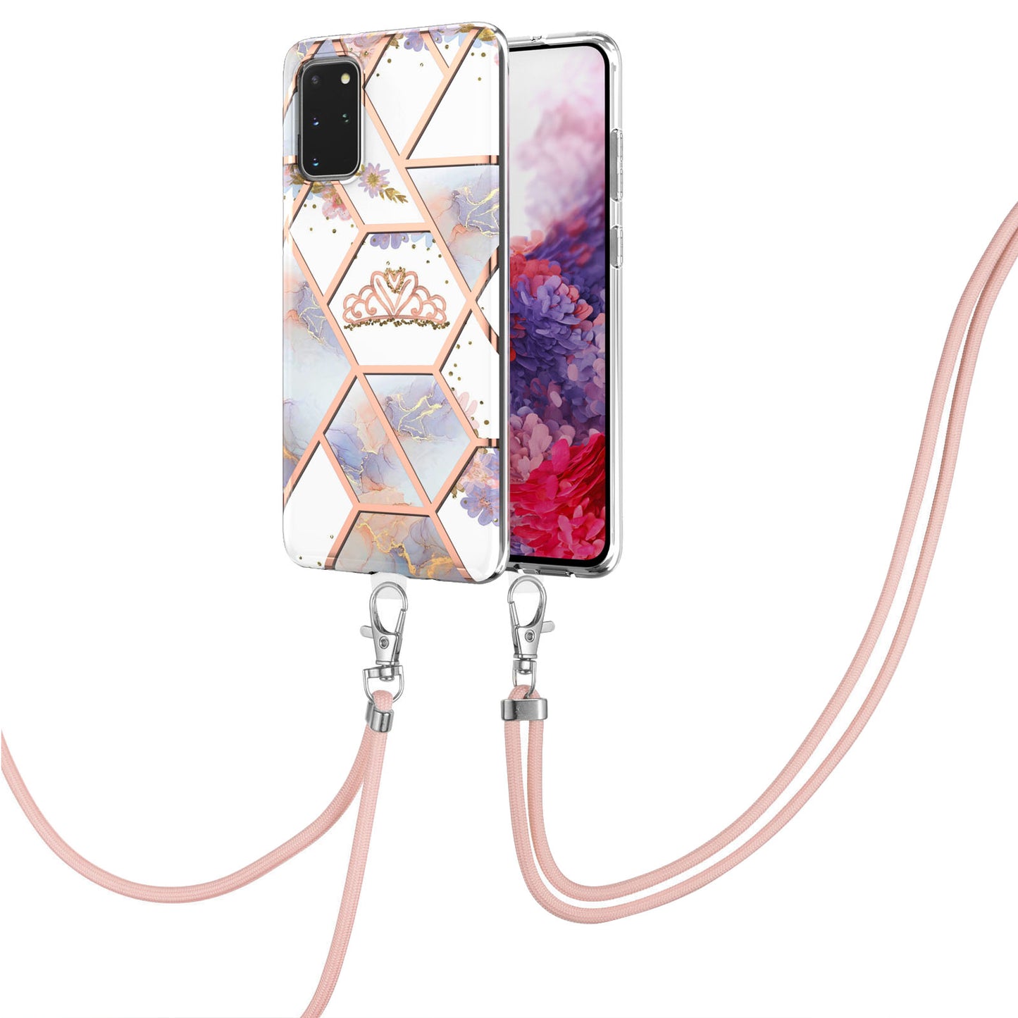 IMD IML TPU Phone Shell Drop-Proof Flexible Electroplating Case with Marble Flower Pattern + Shoulder Strap for Samsung Galaxy S20 Plus 4G/5G - Crown