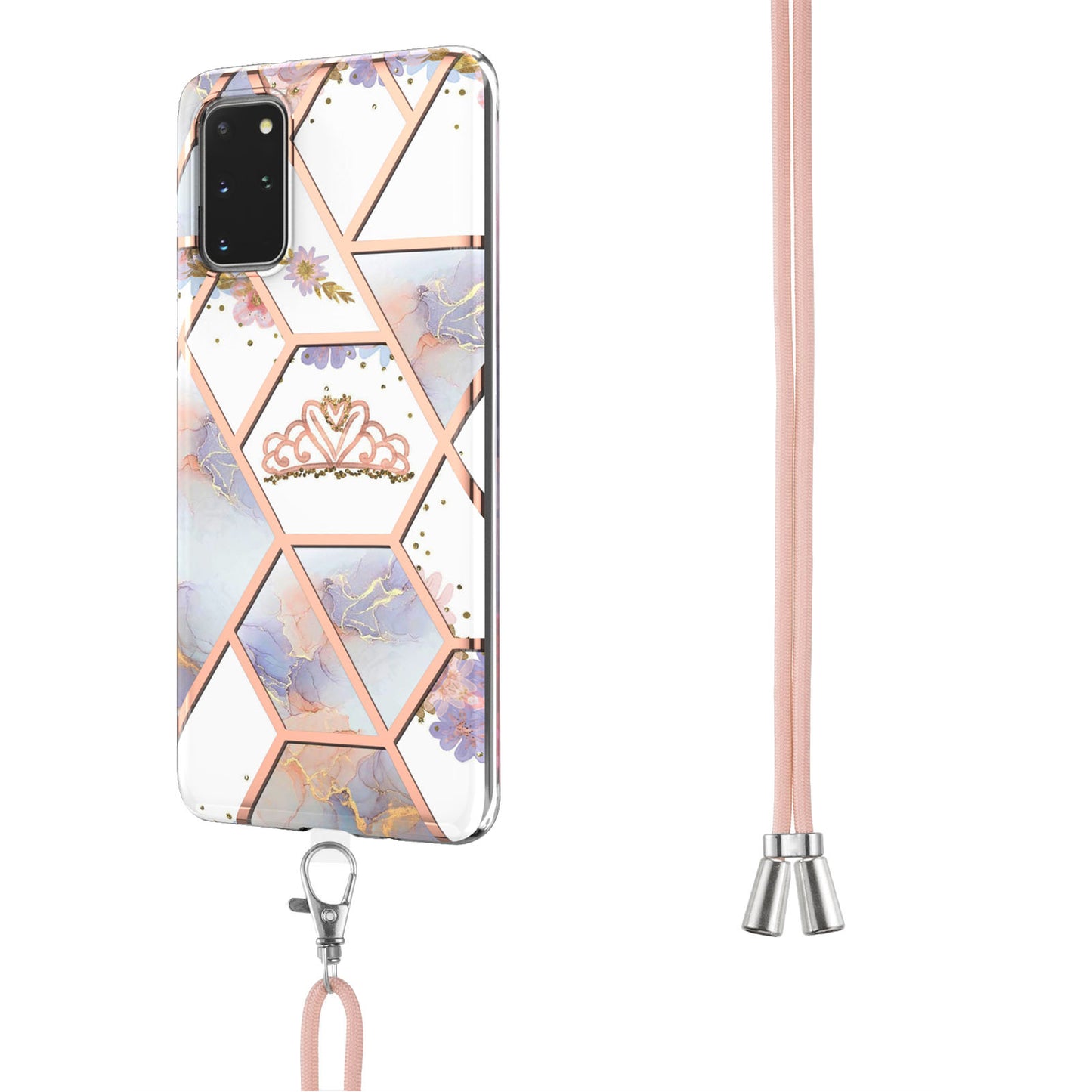 IMD IML TPU Phone Shell Drop-Proof Flexible Electroplating Case with Marble Flower Pattern + Shoulder Strap for Samsung Galaxy S20 Plus 4G/5G - Crown
