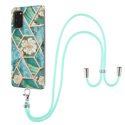 IMD IML TPU Phone Shell Drop-Proof Flexible Electroplating Case with Marble Flower Pattern + Shoulder Strap for Samsung Galaxy S20 Plus 4G/5G - Orchid