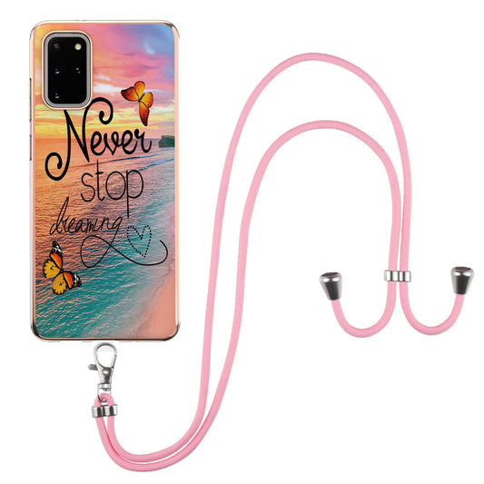 IMD IML TPU Phone Shell Drop-Proof Flexible Electroplating Case with Marble Flower Pattern + Shoulder Strap for Samsung Galaxy S20 Plus 4G/5G - Dreaming Butterflies