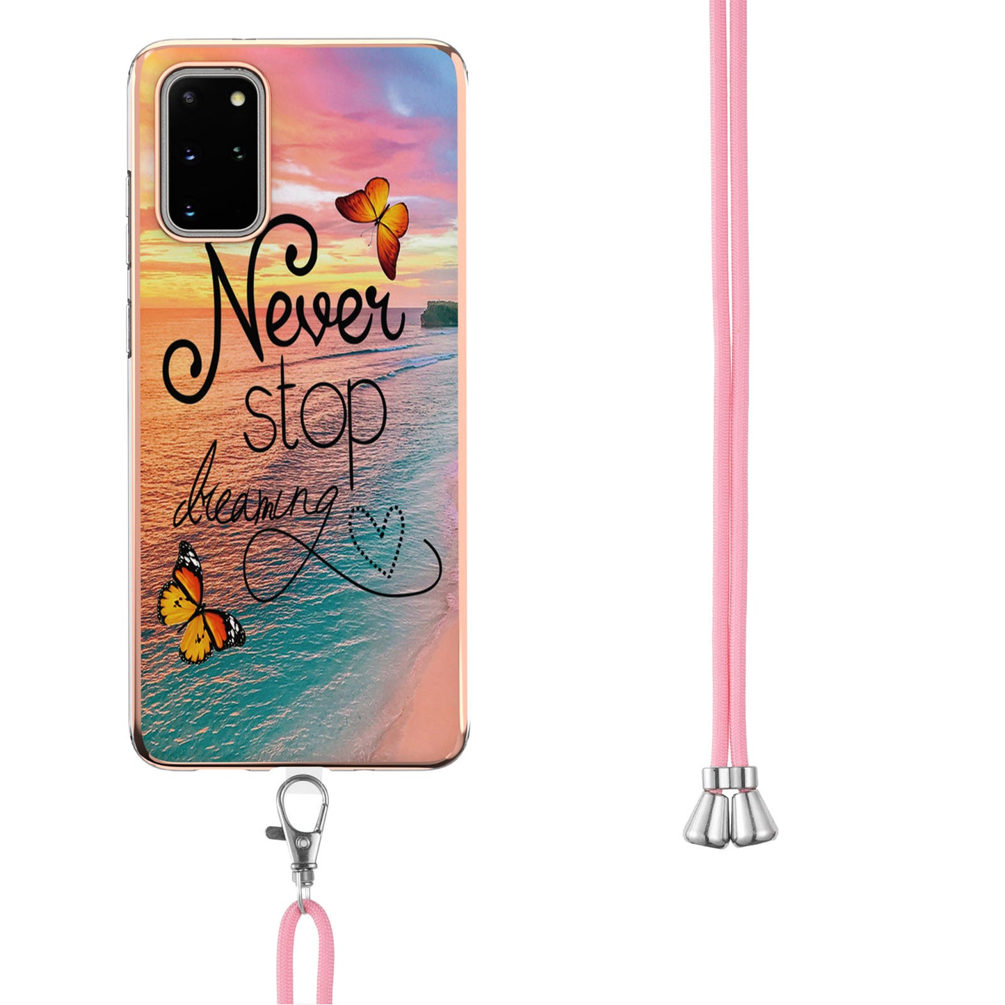 IMD IML TPU Phone Shell Drop-Proof Flexible Electroplating Case with Marble Flower Pattern + Shoulder Strap for Samsung Galaxy S20 Plus 4G/5G - Dreaming Butterflies