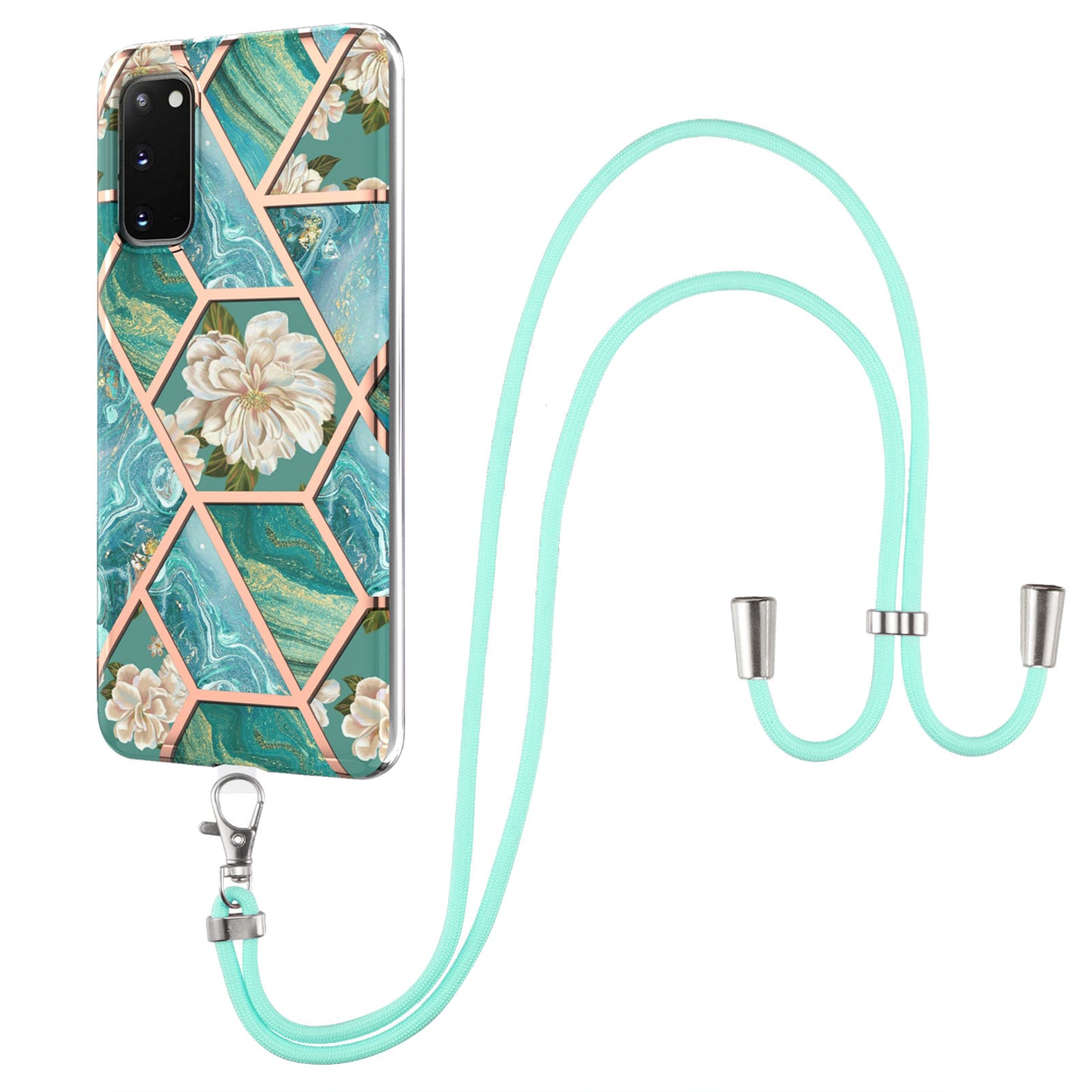 IMD IML TPU Phone Shell Electroplating Flexible Case with Marble Flower Pattern + Long Lanyard for Samsung Galaxy S20 4G/S20 5G - Orchid