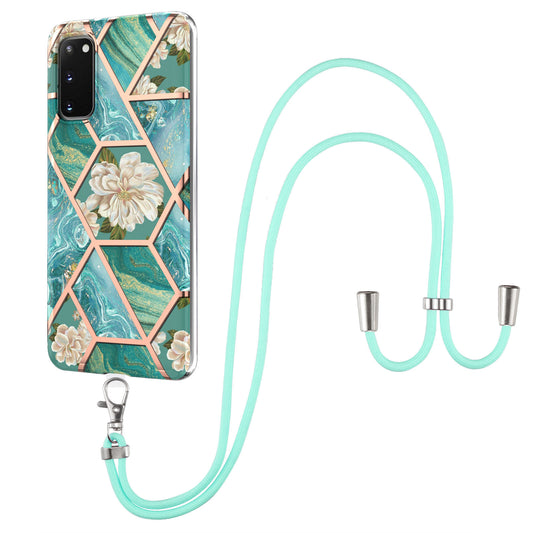 IMD IML TPU Phone Shell Electroplating Flexible Case with Marble Flower Pattern + Long Lanyard for Samsung Galaxy S20 4G/S20 5G - Orchid