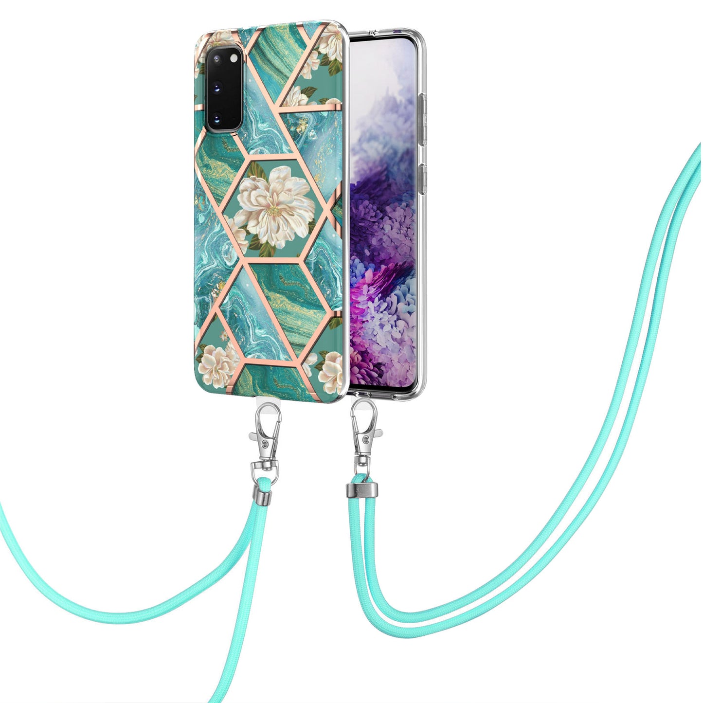 IMD IML TPU Phone Shell Electroplating Flexible Case with Marble Flower Pattern + Long Lanyard for Samsung Galaxy S20 4G/S20 5G - Orchid