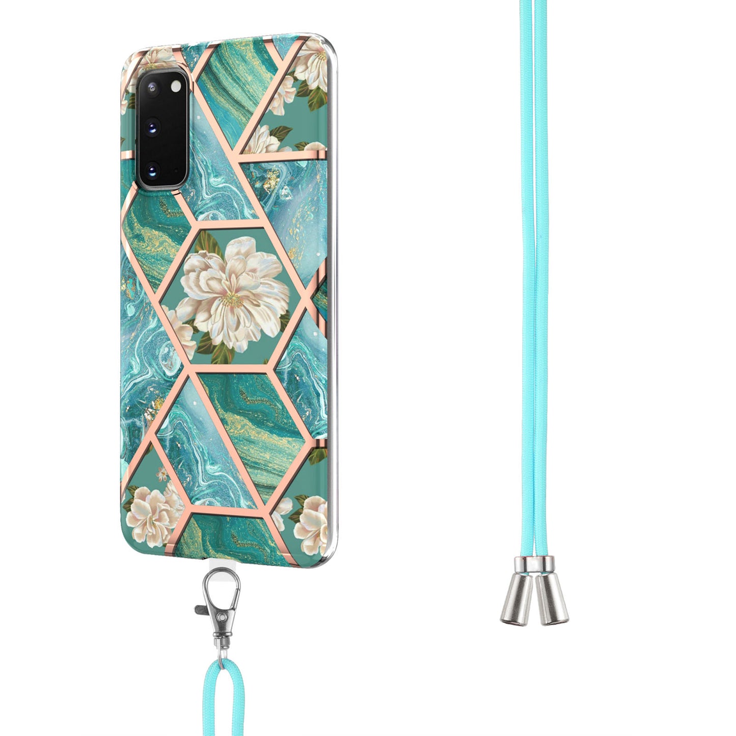 IMD IML TPU Phone Shell Electroplating Flexible Case with Marble Flower Pattern + Long Lanyard for Samsung Galaxy S20 4G/S20 5G - Orchid