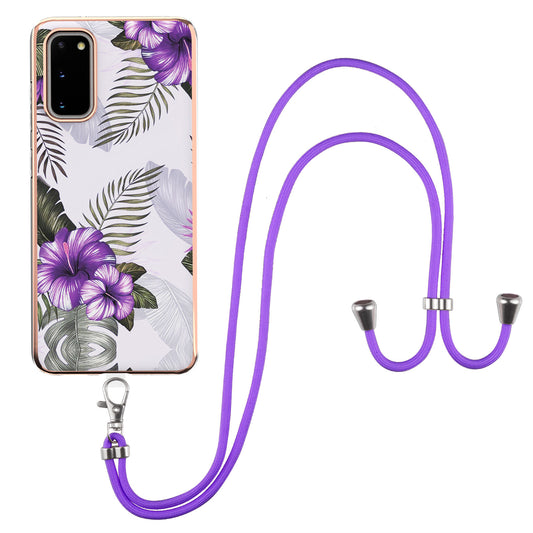IMD IML TPU Phone Shell Electroplating Flexible Case with Marble Flower Pattern + Long Lanyard for Samsung Galaxy S20 4G/S20 5G - Purple Flowers