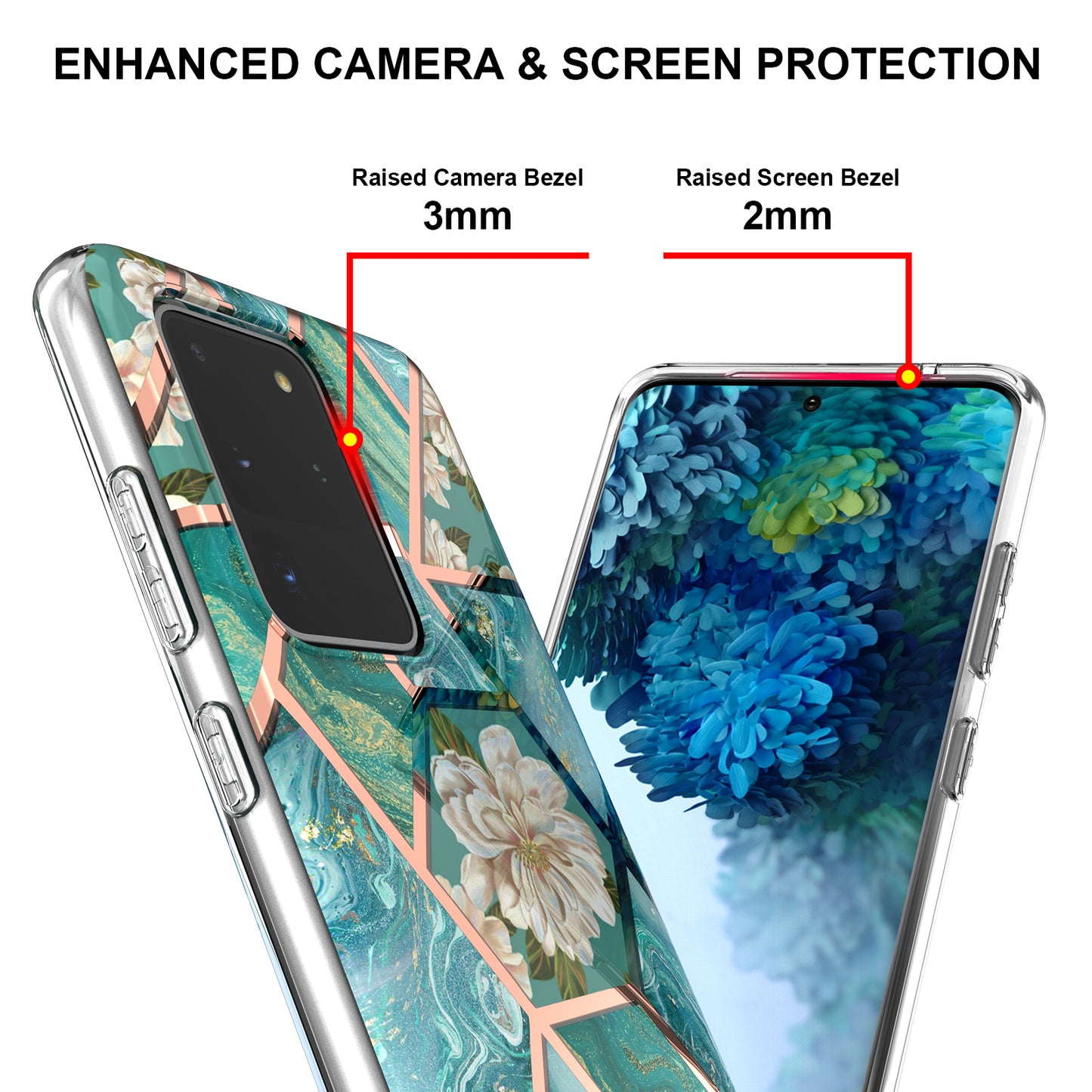Light Slim Marble Design Electroplating Skin Touch IMD IML Soft TPU Phone Case Cover for Samsung Galaxy S20 Ultra - Blue Flowers
