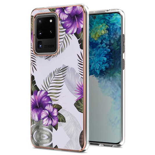 Light Slim Marble Design Electroplating Skin Touch IMD IML Soft TPU Phone Case Cover for Samsung Galaxy S20 Ultra - Purple Flowers