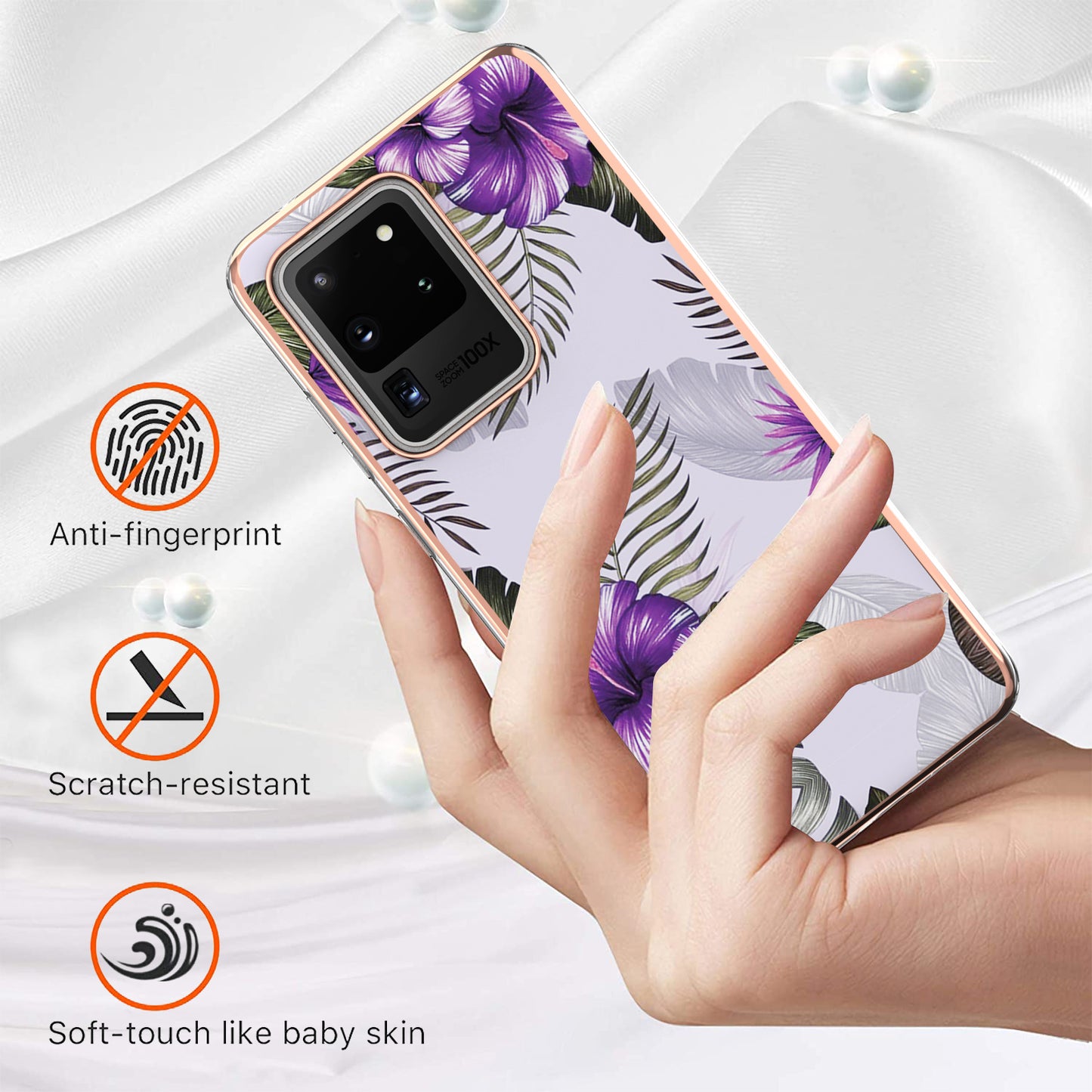 Light Slim Marble Design Electroplating Skin Touch IMD IML Soft TPU Phone Case Cover for Samsung Galaxy S20 Ultra - Purple Flowers