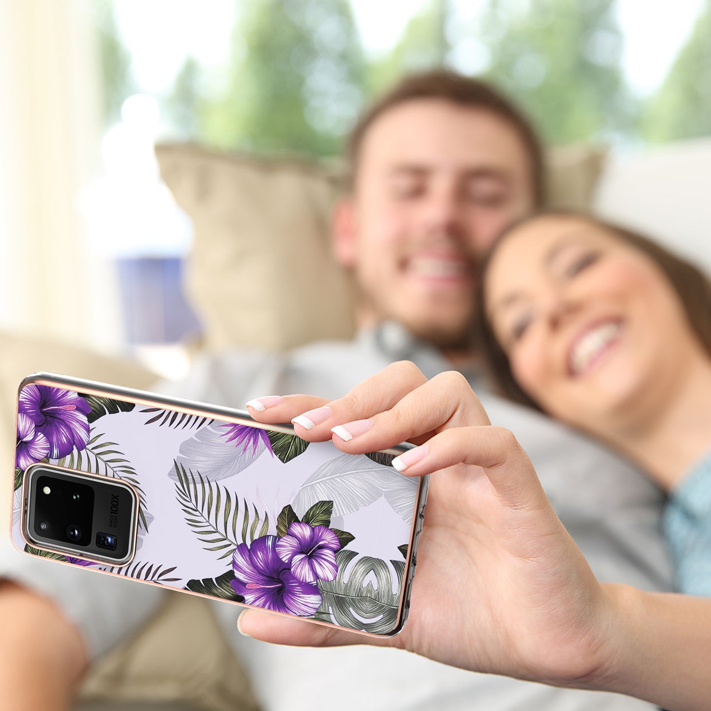 Light Slim Marble Design Electroplating Skin Touch IMD IML Soft TPU Phone Case Cover for Samsung Galaxy S20 Ultra - Purple Flowers