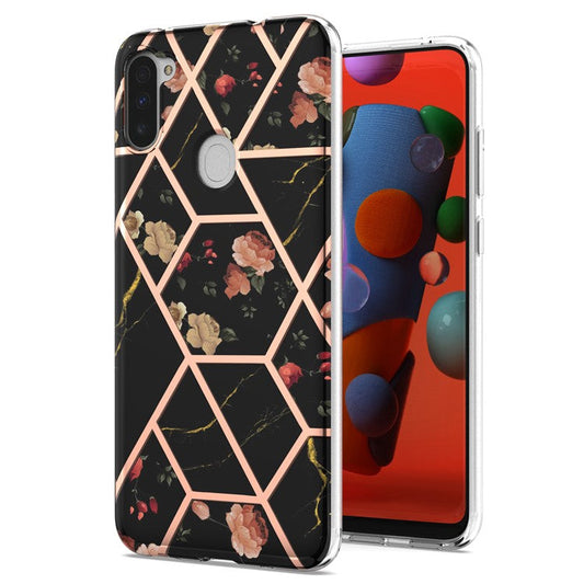 Drop-proof Slim Marble Design IML IMD Electroplating Soft TPU Phone Case for Samsung Galaxy M11/A11 (EU Version) - Black Flowers