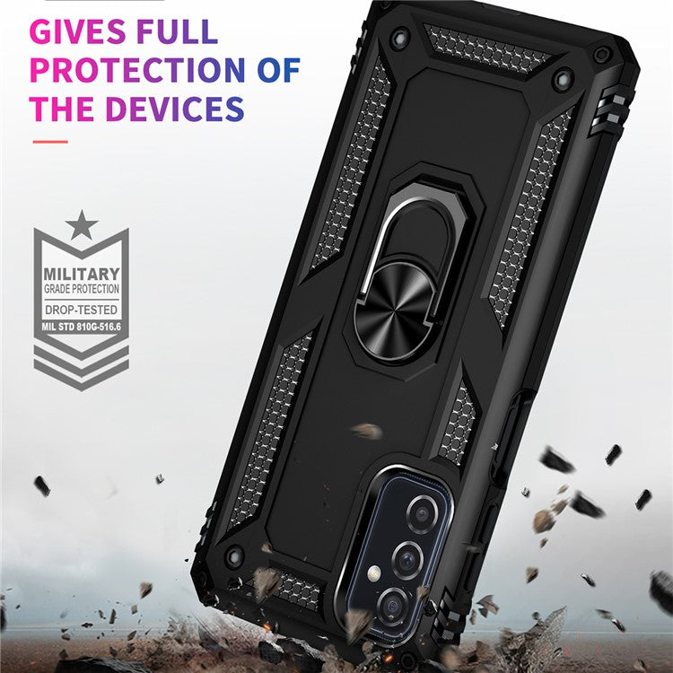 Ring Holder Kickstand Scratch-resistant Anti-drop Phone Cover PC + TPU Hybrid Case with Built-in Metal Sheet for Samsung Galaxy M52 5G - Black