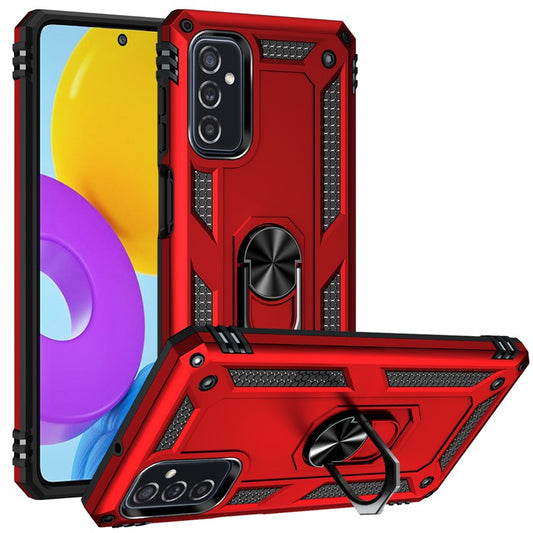 Ring Holder Kickstand Scratch-resistant Anti-drop Phone Cover PC + TPU Hybrid Case with Built-in Metal Sheet for Samsung Galaxy M52 5G - Red