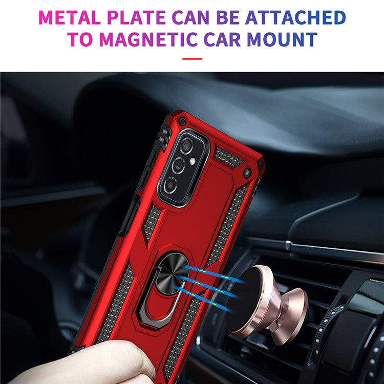 Ring Holder Kickstand Scratch-resistant Anti-drop Phone Cover PC + TPU Hybrid Case with Built-in Metal Sheet for Samsung Galaxy M52 5G - Red