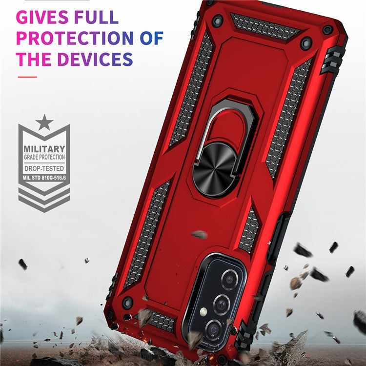 Ring Holder Kickstand Scratch-resistant Anti-drop Phone Cover PC + TPU Hybrid Case with Built-in Metal Sheet for Samsung Galaxy M52 5G - Red