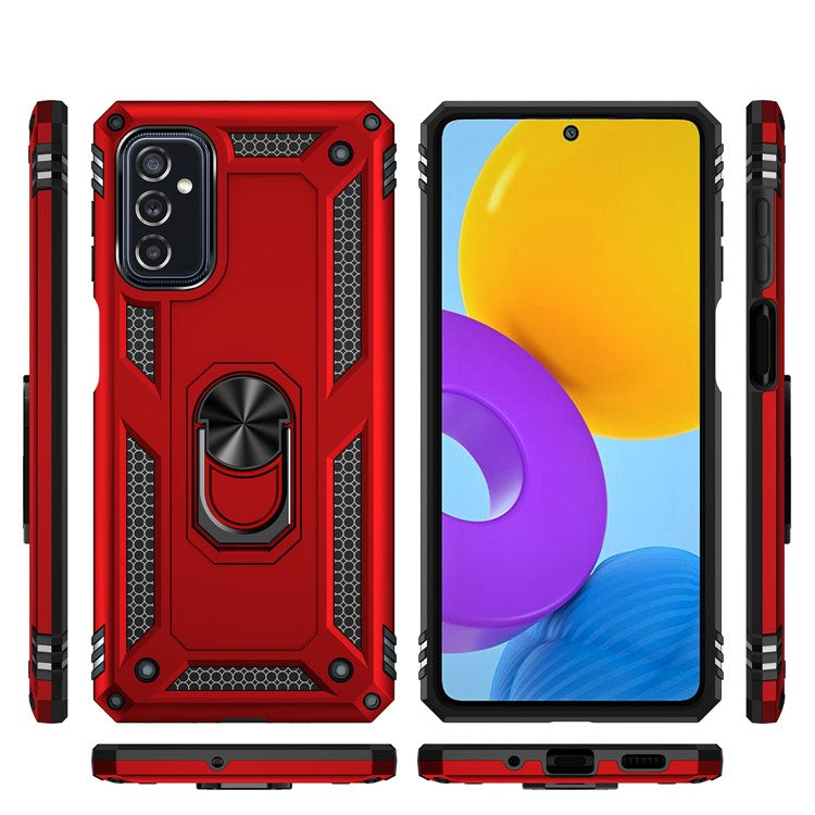 Ring Holder Kickstand Scratch-resistant Anti-drop Phone Cover PC + TPU Hybrid Case with Built-in Metal Sheet for Samsung Galaxy M52 5G - Red