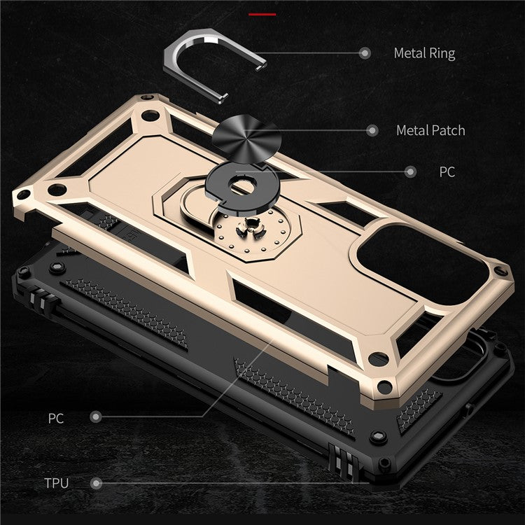 Ring Holder Kickstand Scratch-resistant Anti-drop Phone Cover PC + TPU Hybrid Case with Built-in Metal Sheet for Samsung Galaxy M52 5G - Gold