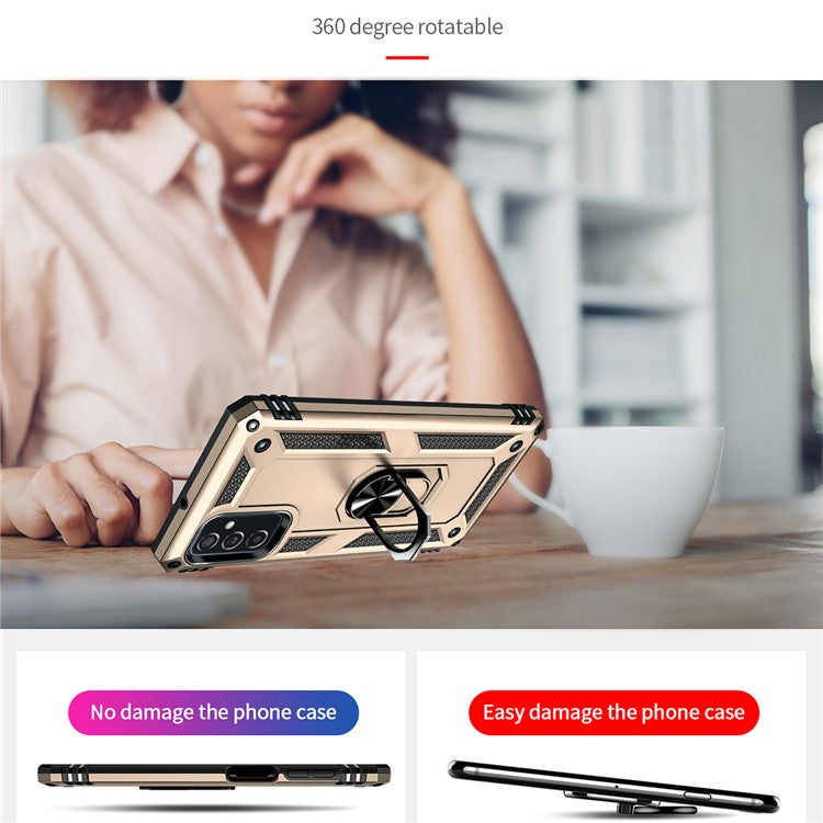 Ring Holder Kickstand Scratch-resistant Anti-drop Phone Cover PC + TPU Hybrid Case with Built-in Metal Sheet for Samsung Galaxy M52 5G - Gold