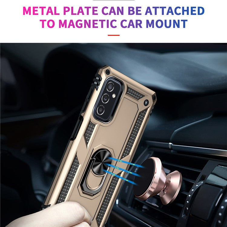 Ring Holder Kickstand Scratch-resistant Anti-drop Phone Cover PC + TPU Hybrid Case with Built-in Metal Sheet for Samsung Galaxy M52 5G - Gold