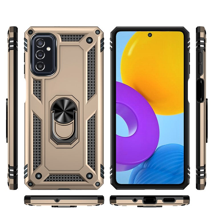 Ring Holder Kickstand Scratch-resistant Anti-drop Phone Cover PC + TPU Hybrid Case with Built-in Metal Sheet for Samsung Galaxy M52 5G - Gold