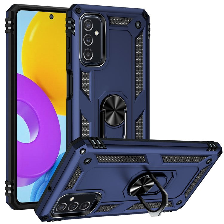 Ring Holder Kickstand Scratch-resistant Anti-drop Phone Cover PC + TPU Hybrid Case with Built-in Metal Sheet for Samsung Galaxy M52 5G - Blue