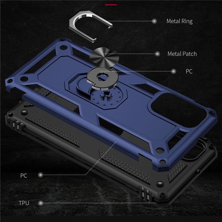 Ring Holder Kickstand Scratch-resistant Anti-drop Phone Cover PC + TPU Hybrid Case with Built-in Metal Sheet for Samsung Galaxy M52 5G - Blue