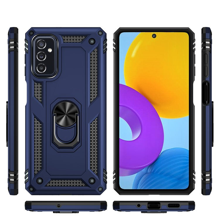 Ring Holder Kickstand Scratch-resistant Anti-drop Phone Cover PC + TPU Hybrid Case with Built-in Metal Sheet for Samsung Galaxy M52 5G - Blue