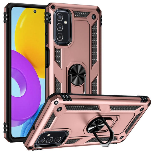 Ring Holder Kickstand Scratch-resistant Anti-drop Phone Cover PC + TPU Hybrid Case with Built-in Metal Sheet for Samsung Galaxy M52 5G - Rose Gold