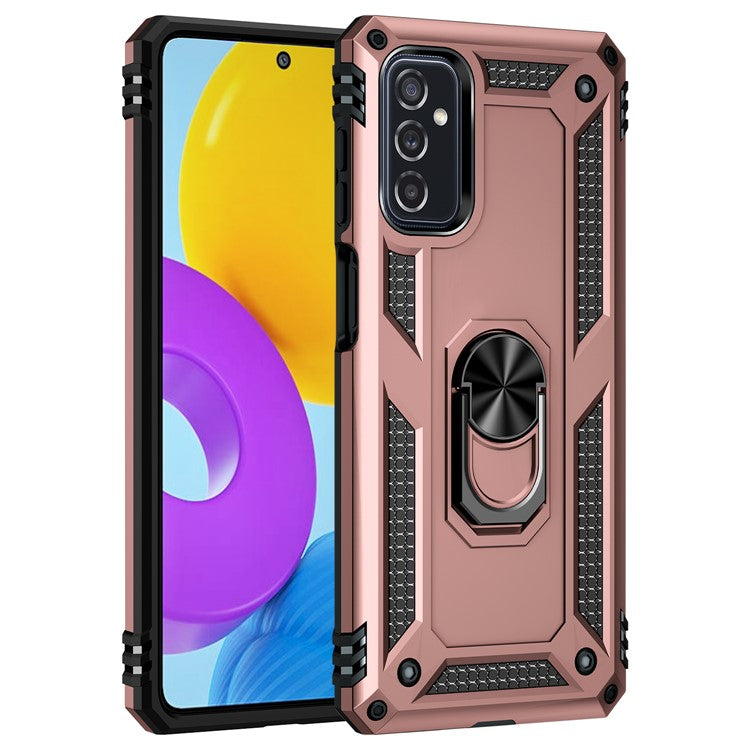 Ring Holder Kickstand Scratch-resistant Anti-drop Phone Cover PC + TPU Hybrid Case with Built-in Metal Sheet for Samsung Galaxy M52 5G - Rose Gold