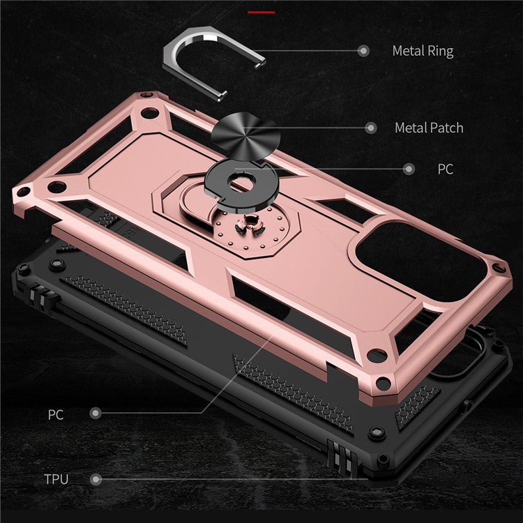 Ring Holder Kickstand Scratch-resistant Anti-drop Phone Cover PC + TPU Hybrid Case with Built-in Metal Sheet for Samsung Galaxy M52 5G - Rose Gold