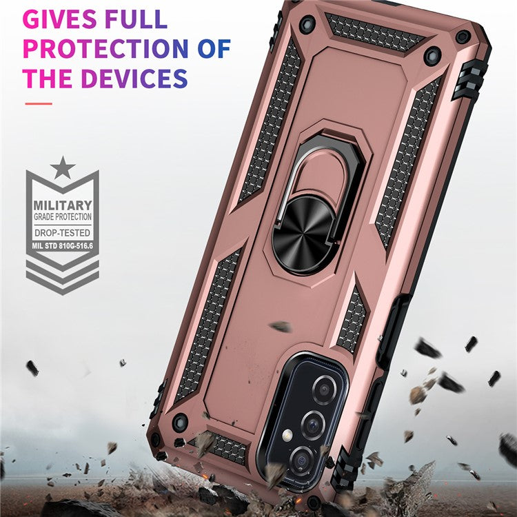Ring Holder Kickstand Scratch-resistant Anti-drop Phone Cover PC + TPU Hybrid Case with Built-in Metal Sheet for Samsung Galaxy M52 5G - Rose Gold