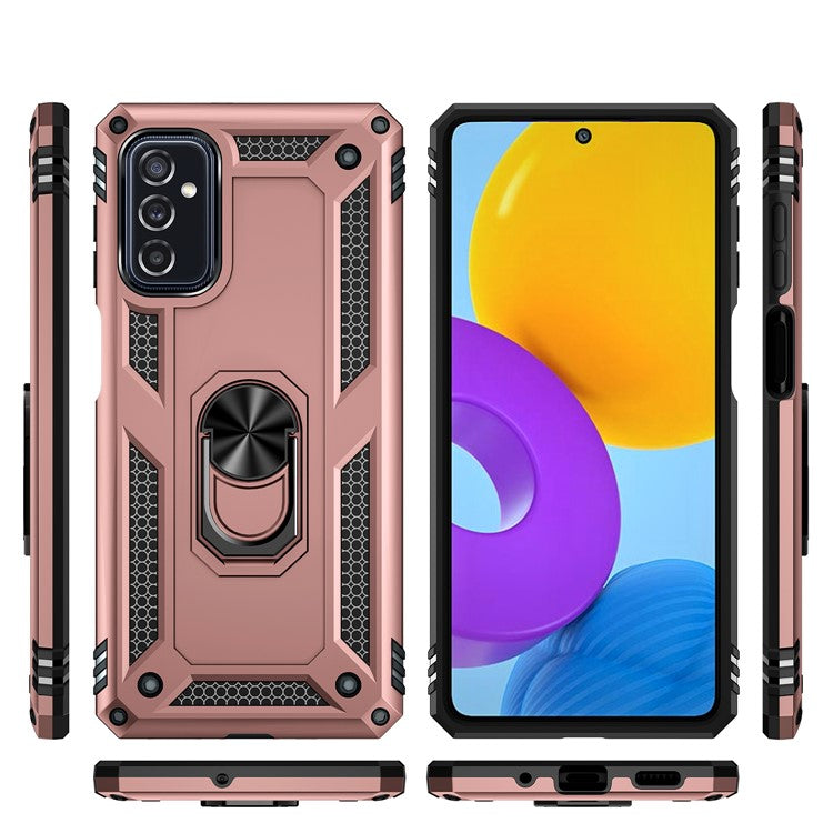 Ring Holder Kickstand Scratch-resistant Anti-drop Phone Cover PC + TPU Hybrid Case with Built-in Metal Sheet for Samsung Galaxy M52 5G - Rose Gold