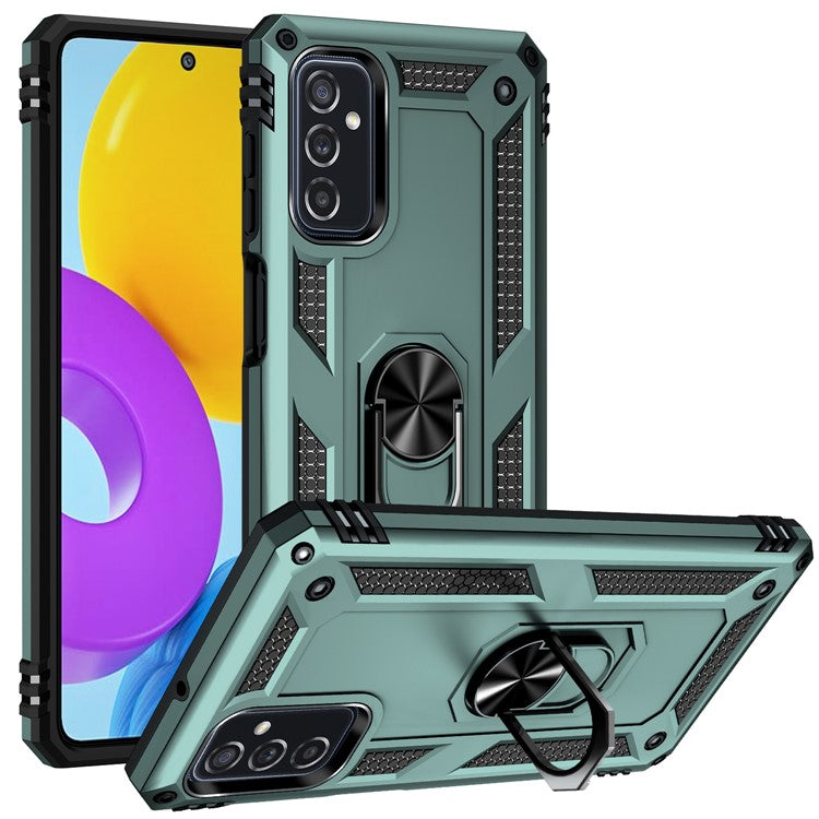 Ring Holder Kickstand Scratch-resistant Anti-drop Phone Cover PC + TPU Hybrid Case with Built-in Metal Sheet for Samsung Galaxy M52 5G - Blackish Green