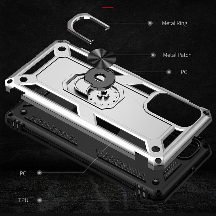 Ring Holder Kickstand Scratch-resistant Anti-drop Phone Cover PC + TPU Hybrid Case with Built-in Metal Sheet for Samsung Galaxy M52 5G - Silver