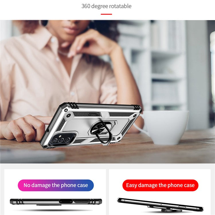 Ring Holder Kickstand Scratch-resistant Anti-drop Phone Cover PC + TPU Hybrid Case with Built-in Metal Sheet for Samsung Galaxy M52 5G - Silver