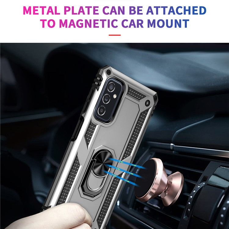 Ring Holder Kickstand Scratch-resistant Anti-drop Phone Cover PC + TPU Hybrid Case with Built-in Metal Sheet for Samsung Galaxy M52 5G - Silver