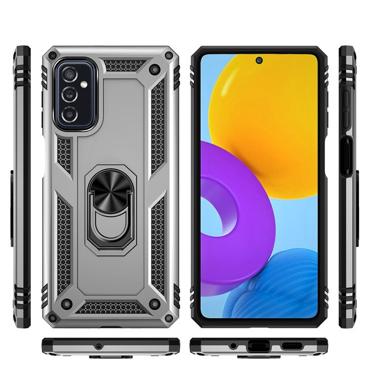 Ring Holder Kickstand Scratch-resistant Anti-drop Phone Cover PC + TPU Hybrid Case with Built-in Metal Sheet for Samsung Galaxy M52 5G - Silver