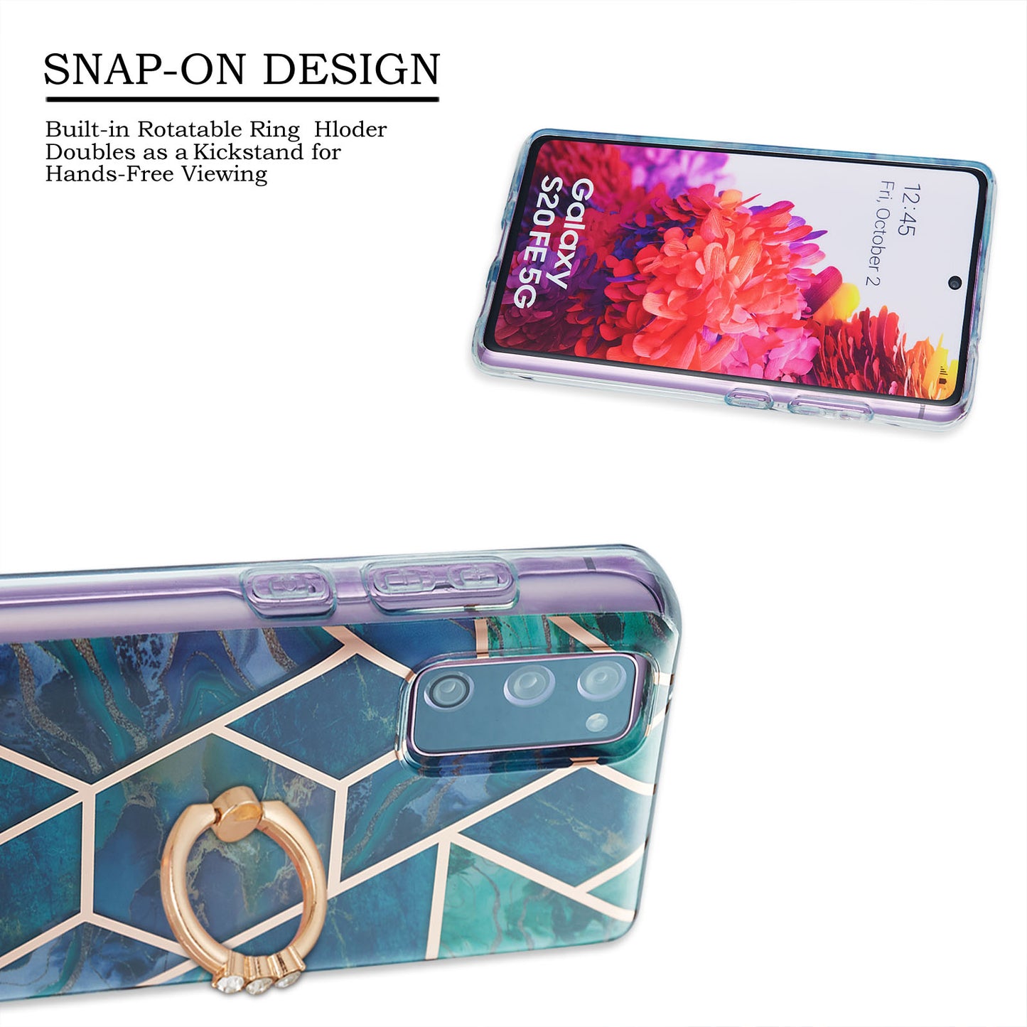 Kickstand Design TPU Phone Cover IMD IML Drop-Resistant 2.0mm Electroplating Marble Pattern Case for Samsung Galaxy S20 FE 2022/S20 FE/S20 FE 5G/S20 Fan Edition/S20 Fan Edition 5G/S20 Lite - Blue/Green