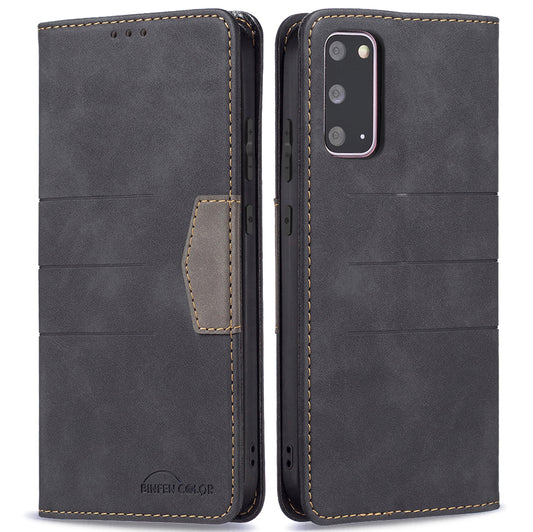 BINFEN COLOR Ultra-strong Auto-absorption Anti-scratch Phone Flip Cover Anti-dust Phone Case Splicing Leather Wallet for Samsung Galaxy S20 4G/S20 5G - Black