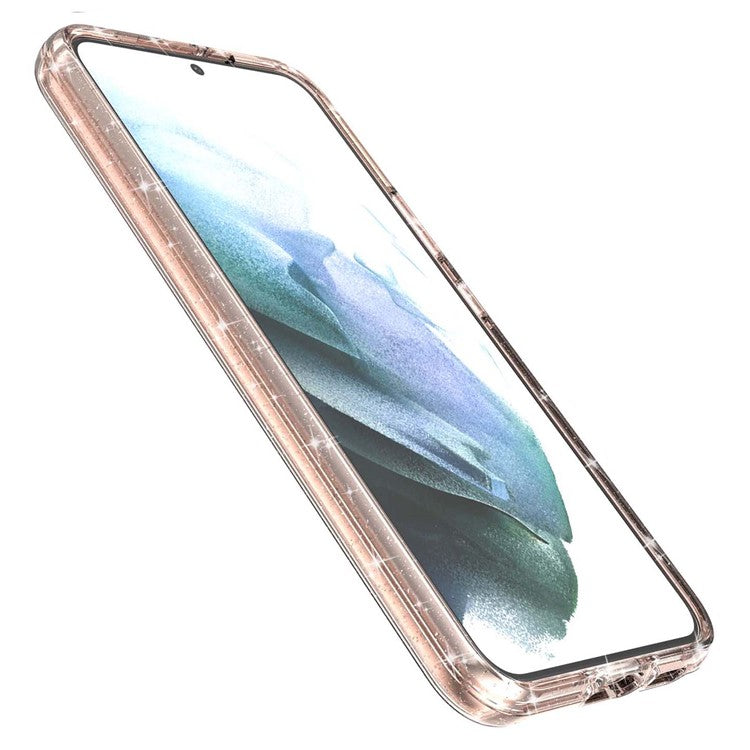 TPU + PC Hybrid Phone Case 2.8mm Thickened Glittering Powder Transparent Drop-Proof Phone Protector for Samsung Galaxy S22 5G - Rose Gold