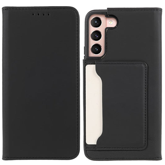 Anti-fingerprint Drop-proof Auto-absorbed Magnetic Closing Skin-touch PU Leather Wallet Case with Kickstand for Samsung Galaxy S22 5G - Black