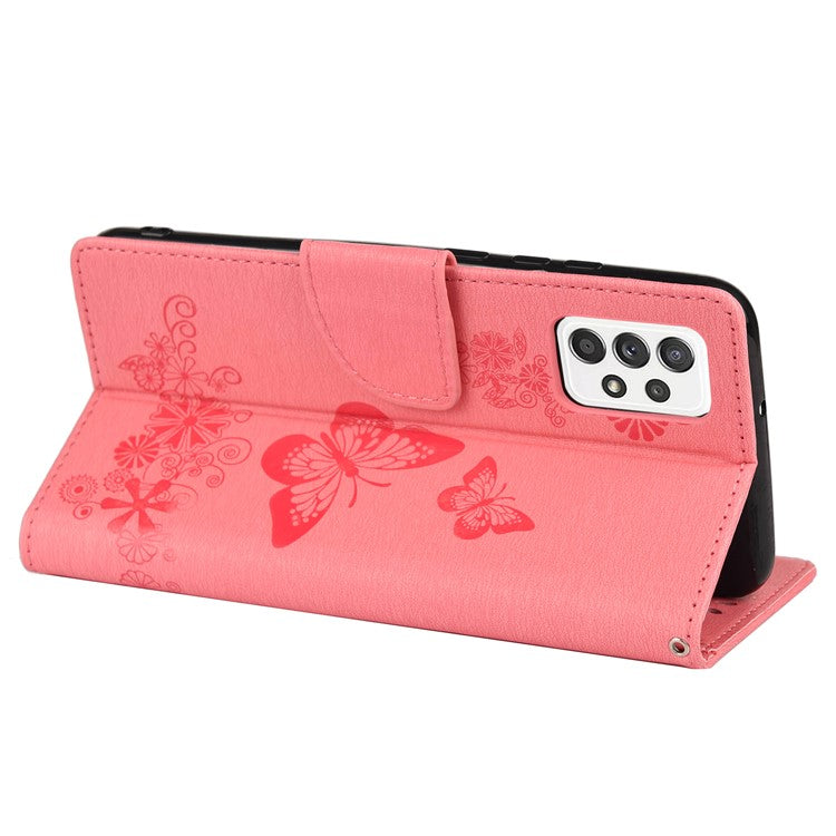 For Samsung Galaxy A53 5G Imprinting Stylish Butterfly Flower Well-protected Phone Shell Scratch-resistant Stand Wallet Leather Phone Case - Pink