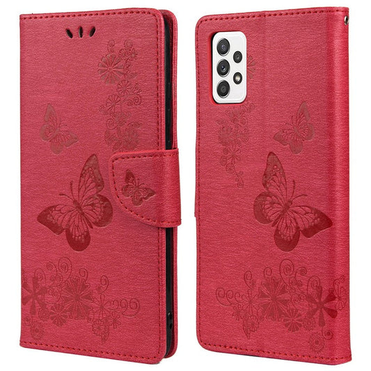 For Samsung Galaxy A33 5G Butterfly Flower Imprinted Shockproof Leather Case Phone Protector with Stand Wallet - Red