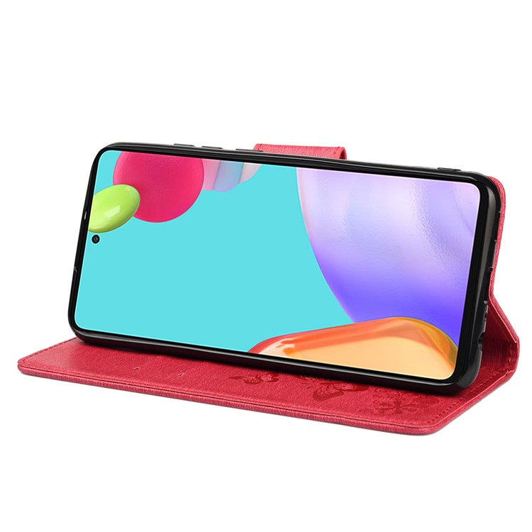 For Samsung Galaxy A33 5G Butterfly Flower Imprinted Shockproof Leather Case Phone Protector with Stand Wallet - Red