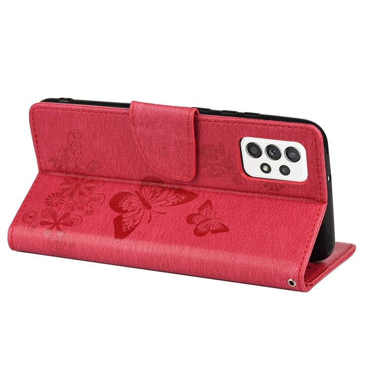 For Samsung Galaxy A33 5G Butterfly Flower Imprinted Shockproof Leather Case Phone Protector with Stand Wallet - Red